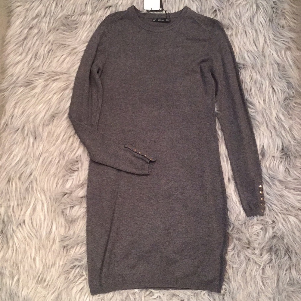 NWT ZARA Knit Dress in Gray with Gold Stud Buttons